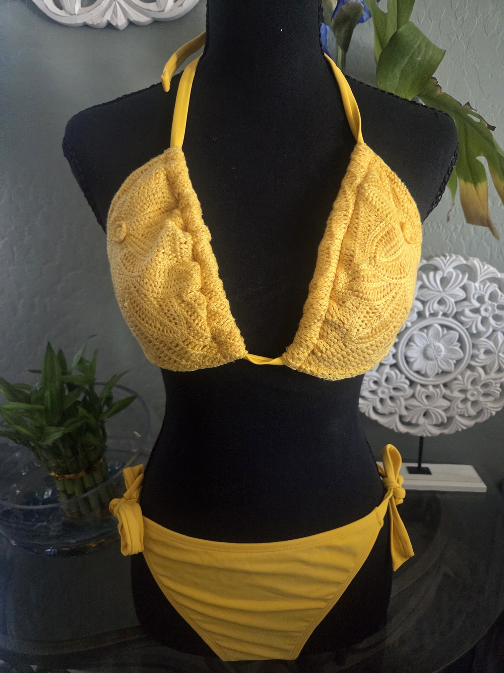 Shade & Shore Yellow Crochet Triangle Bikini